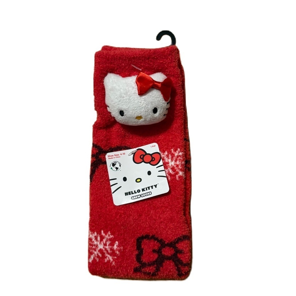 Hello Kitty Red Fuzzy Socks 3D Cozy Crew Holiday Snowflake
